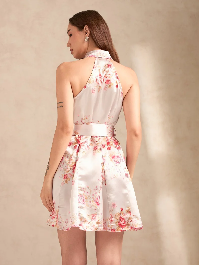 Outzidr  Pink Printed Flared Dress With Halter Neck And Belt Detail for Women | Best Price UAE